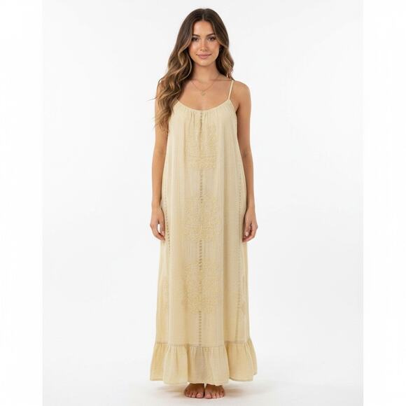 Zara Dresses & Skirts - Zara Embroidered Relaxed Cotton Maxi Dress Butter Yellow Boho Sleeveless Large